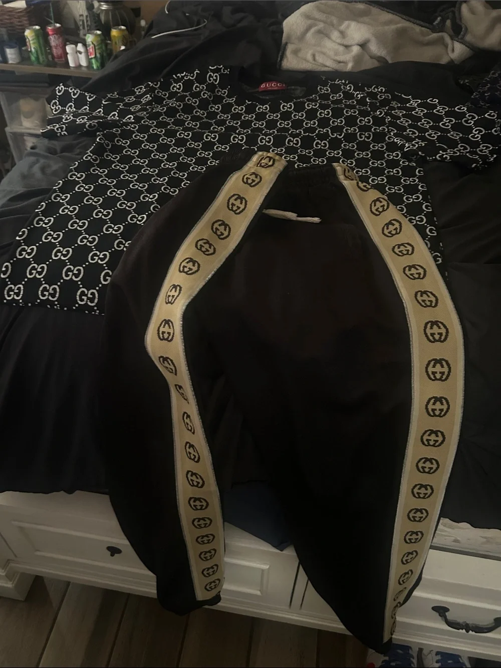 XL Gucci Black Tee and medium Black Sweatpants with Cream Logo Stripe